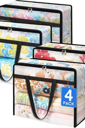 BlissTotes 4 Pack Clear Clothes Storage Bags, Under Bed Storage Containers, Foldable Blanket Storage Moving Bags with Sturdy Zipper and Handle for Clothing, Comforter, Bedding, Sheet (40L)
