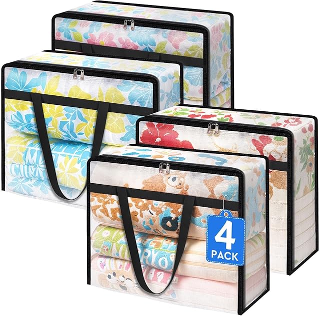 BlissTotes 4 Pack Clear Clothes Storage Bags, Under Bed Storage Containers, Foldable Blanket Storage Moving Bags with Sturdy Zipper and Handle for Clothing, Comforter, Bedding, Sheet (40L)