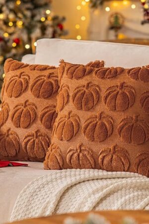 Burnt Orange Fall Pumpkin Decorative Throw Pillow Covers Set of 2, 18x18 Inch Soft Plush 3D Embroidered Halloween Pillow Covers for Fall Decorations Farmhouse Cushion Covers for Thanksgiving