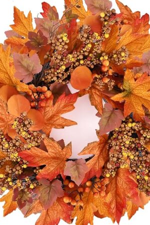 20 lnch Artificial Fall Wreath for Front Door Autumn Wreath with Bright Maple Leaf,Berry Branches,Mixed Leaves for Farmhouse Indoor Outdoor Window Wall Door Decor