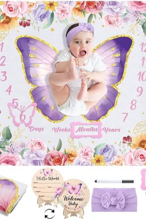 Butterfly Baby Milestone Blanket Set for Baby Girls, Floral Monthly Baby Milestone Blanket Baby Growth Blanket Newborn Photography Background with Wooden Signs, Frames, Bow Headband