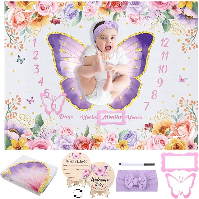 Butterfly Baby Milestone Blanket Set for Baby Girls, Floral Monthly Baby Milestone Blanket Baby Growth Blanket Newborn Photography Background with Wooden Signs, Frames, Bow Headband