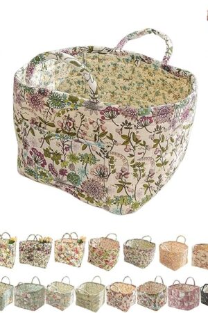 Boho Fabric Storage Basket, Boho Quilted Fabric Storage Basket, Floral Quilted Baskets for Storages Large with Easy-Carry Handles, for Clothes and Sundries (R)