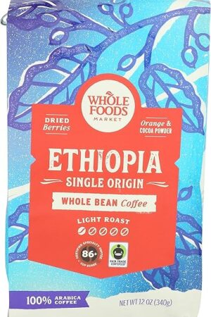 Whole Foods Market, Ethiopia Single Origin Whole Bean Coffee, Light Roast, Cocoa Powder, Dried Berries & Orange, 12 Ounce