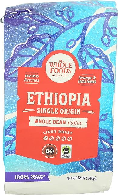Whole Foods Market, Ethiopia Single Origin Whole Bean Coffee, Light Roast, Cocoa Powder, Dried Berries & Orange, 12 Ounce