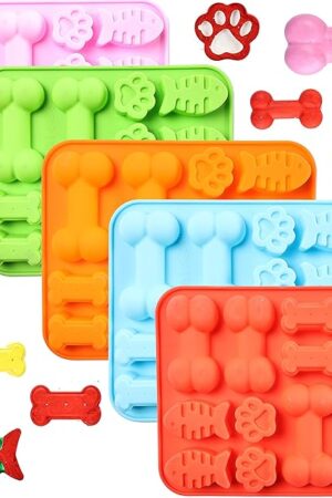 Dog Paw and Bone Shaped Silicone Mold, Non-Stick food Grade, Ice tray, Reusable Silicone Mold, Used for Chocolate, Candy, Cupcake, Pudding, Jelly, Puppy Biscuit (5 pcs)
