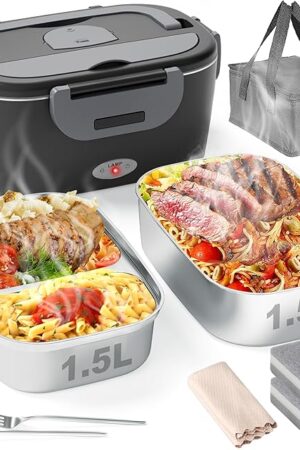 Electric Lunch Box for Men, Women & Adults - 80W Fast Heating - Heated Lunch Box with Dual 1.5L SS Containers - Portable Food Warmer for Car, Truck, Office