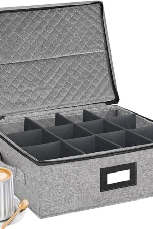 Coffee Mug Storage Box with Dividers, Durable China Storage Containers for Coffee Mugs, Tea Cups Storage Organizer with Lid, Handles, Label Window, Holds 12 Mugs, Hard Shell and Stackable (Grey)