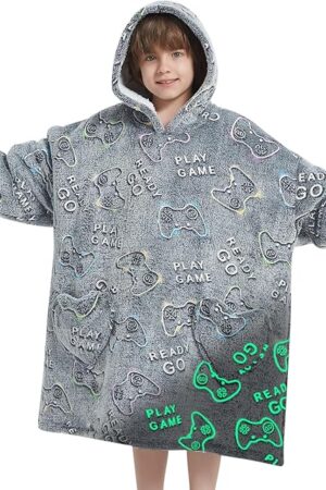Wearable Blanket Hoodie for Kids Oversized Sherpa Blanket Hoodie for Kids Boys Girls Teens 6-13YR,Glow in The Dark Game Controller