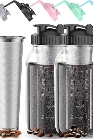 Cold Brew Coffee Maker Glass Cold Brew Maker Cold Brew Pitcher 64 oz 2 Quart 1.9 Liter Stainless Steel Filter
