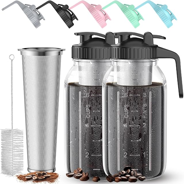 Cold Brew Coffee Maker Glass Cold Brew Maker Cold Brew Pitcher 64 oz 2 Quart 1.9 Liter Stainless Steel Filter