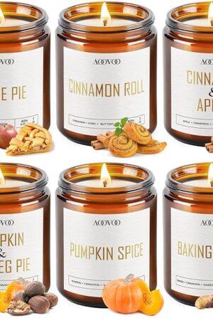 AOOVOO Fall Candles - 6 PC Scented Candle, 42 oz Soy Candles, Soy Candle for Home Scented, Apple Pie/Cinnamon Roll/Cinnamon Apple/Pumpkin Nutmeg Pie/Pumpkin Spice/Baking Spice