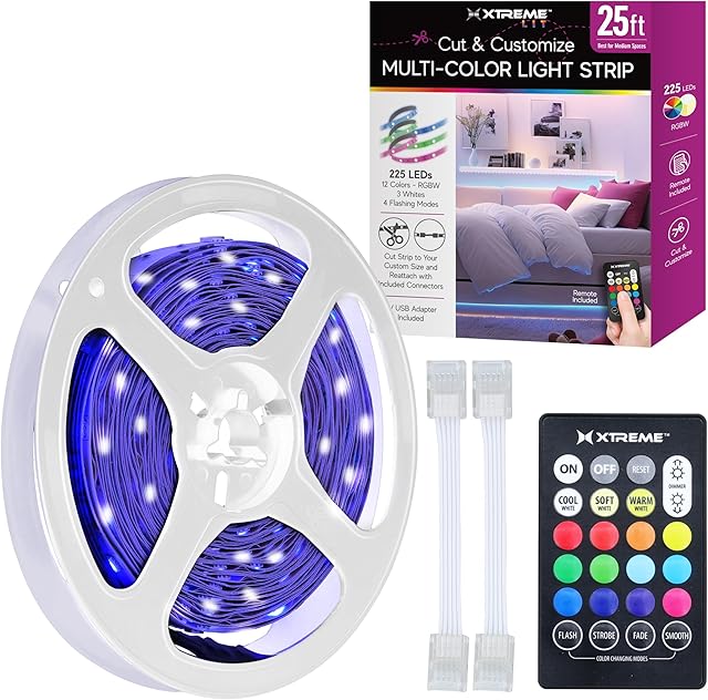 Xtreme Multicolored LED Strip Lights with Remote, 25 Foot RGBW Lights Strip with Adhesive Backing, Cut & Reconnect, Dimmable, 15 Colors, 225 LED Lights, 4 Modes Including Strobe, Flash, Fade & Smooth