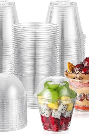 AOZITA 50 Sets, 9 oz Clear Plastic Cups with Dome Lids (No Hole) - Disposable Cups for Ice Cream,Cake,Fruit,Parfait, Dessert, Pudding and Jello Shot