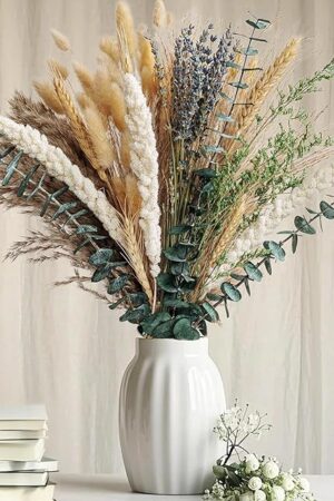 Boho Dried Flower Bouquet – Pampas Grass Bouquet with Lavender, Eucalyptus, Wheat & Bunny Tail – Rustic Dried Floral Arrangement for Olive Green Decor, Farmhouse Flowers, and Wedding Centerpieces