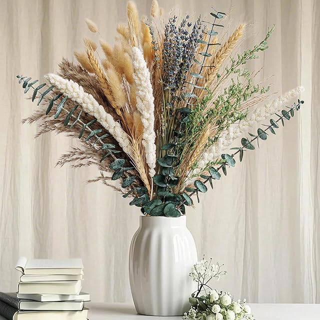 Boho Dried Flower Bouquet – Pampas Grass Bouquet with Lavender, Eucalyptus, Wheat & Bunny Tail – Rustic Dried Floral Arrangement for Olive Green Decor, Farmhouse Flowers, and Wedding Centerpieces