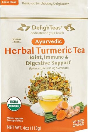 DelighTeas Organic Turmeric Ginger Tea, Ayurvedic Loose Leaf, 50 Servings | for Joint & Immune | Digestive Support | Caffeine Free | Unsweetened | 4oz.