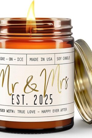 Wedding Gifts for Couples 2025, Bridal Shower Gifts from Bride - 'Mr & Mrs Est. 2025 Candle, w/Champagne on Ice I Wedding Shower for Newlyweds I 50Hr Burn, USA Made