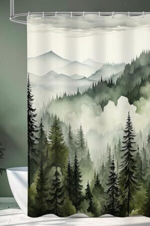 Dark Green Misty Pine Forest Shower Curtain, Mountain Foggy Woodland Scenery Tree Shower Curtains for Chic Rustic Bathroom, Abstract Modern Waterproof Nature-Themed Decor, 72x72 Inches