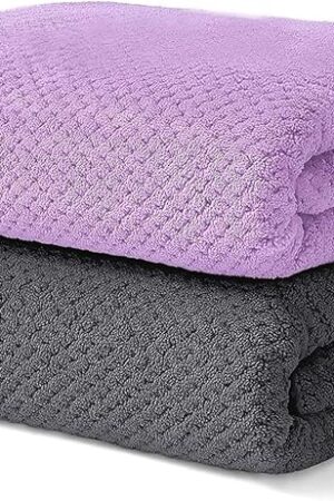 2 Pack Bath Towel Set Waffle Bath Towel Set 2 Piece 27" x 55" 1Grey+1Purple