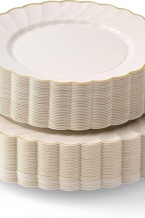 By Madee PREMIUM 60 Pc Ivory Scalloped Plastic Plates with Gold Trim – 30 Dinner & 30 Dessert Nice Plastic Plates for Party – Disposable & Elegant for Wedding, Showers, Special Moments (30 Guests)