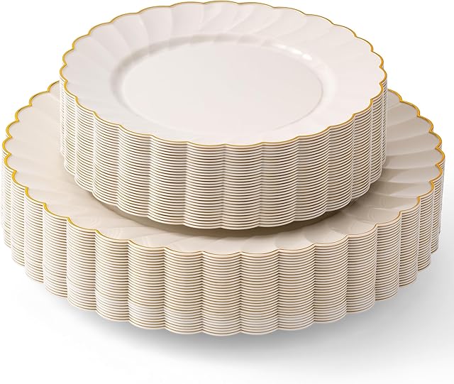 By Madee PREMIUM 60 Pc Ivory Scalloped Plastic Plates with Gold Trim – 30 Dinner & 30 Dessert Nice Plastic Plates for Party – Disposable & Elegant for Wedding, Showers, Special Moments (30 Guests)