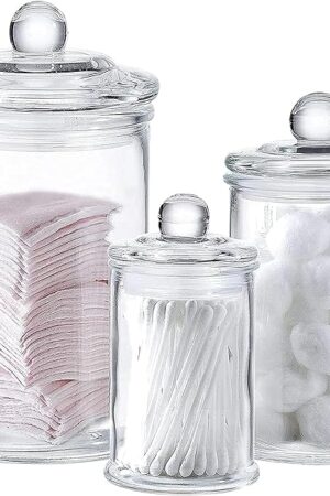 Whole Housewares - Set of 3 Bathroom Canisters - Storage Container Jars - Premium Glass Apothecary Jars with Lids - Small Glass Jar for Kitchen or Bathroom Storage - Decorative Crystal Containers