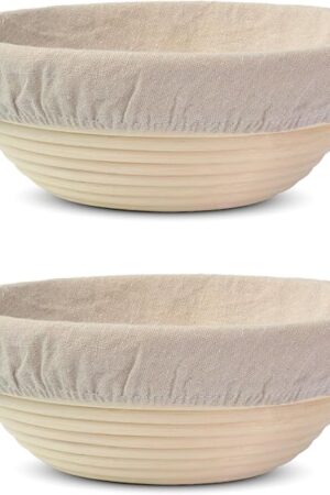 Banneton Bread Proofing Basket Set of 2, 9" Round Sourdough Banneton Baskets with Linen Liners, Premium Handmade Natural Indonesian Rattan, Bread Bowls for Rising and Baking