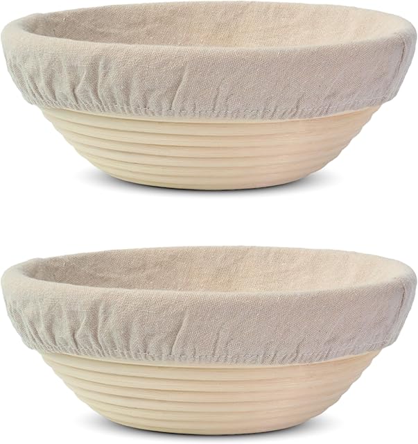 Banneton Bread Proofing Basket Set of 2, 9" Round Sourdough Banneton Baskets with Linen Liners, Premium Handmade Natural Indonesian Rattan, Bread Bowls for Rising and Baking