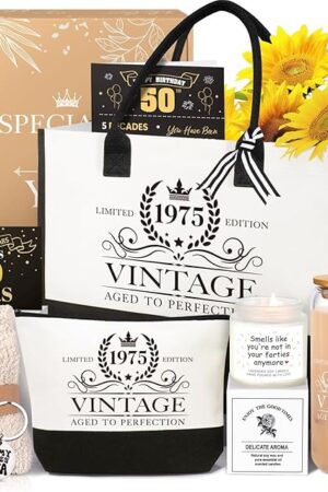 50th Birthday Gifts for Women Her, Cool Gifts for 50 Year Old Woman, Fifty Birthday Canvas Tote Bag Glass Cup Candle Gift Basket Ideas Daughter Mom Sister Friend Wife Coworkers