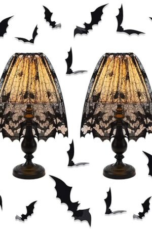 2 Pieces Halloween Lamp Shade Cover Black Lace Spider Web Lampshades Cover Topper Decoration with 60 Pieces 3D Bat Stickers for Halloween Party Indoor Decor