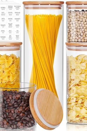 Glass Jars with Bamboo Lids [Muti Size Set of 5], Glass Canisters with Airtight Lids, Glass Food Storage Containers for Pasta, Oats, Coffee, Flour, Sugar, Rice, Best for Kitchen & Pantry