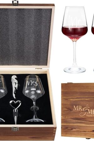 AW BRIDAL Wedding Gifts Bridal Shower Gifts Engagement Gift for Couples Newlyweds Mr & Mrs Wedding Wine Glasses Set of 2 - Wine Opener Wine Stopper with Engraved Wooden Keepsake Box