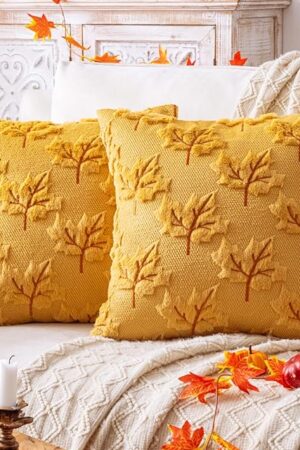 AQOTHES Maple Leaf Fall Yellow Throw Pillow Covers 18x18 Inch, Set of 2 Autumn Harvest Holiday Pillows Covers for Couch Sofa Home Thanksgiving Decorations Farmhouse Cushion Covers
