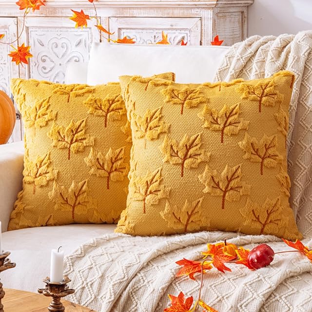 AQOTHES Maple Leaf Fall Yellow Throw Pillow Covers 18x18 Inch, Set of 2 Autumn Harvest Holiday Pillows Covers for Couch Sofa Home Thanksgiving Decorations Farmhouse Cushion Covers