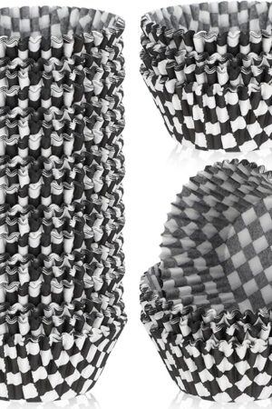 100 Pcs Checkered Cupcake Liners, 2.95in Black and White Checkered Baking Cups Mini Cupcake Liners Cup Cakes Wrappers for Birthday Party Race Car Theme Decorations