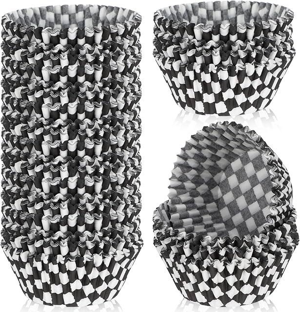 100 Pcs Checkered Cupcake Liners, 2.95in Black and White Checkered Baking Cups Mini Cupcake Liners Cup Cakes Wrappers for Birthday Party Race Car Theme Decorations