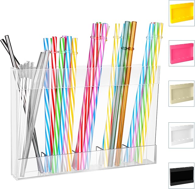 Acrylic Straw Holder for Cabinet Door - Reusable Tumbler Straw Organizer Storage, Small Kitchen Accessories Container, Ultra Sticky Cupboard Door Mounted(Transparent)