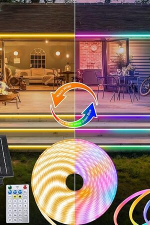 ZAIYW 32.8Ft Dual Color Changing Solar LED Strip Lights Outdoor, IP68 Waterproof Strip Lights with Timer Remote, Self-Adhesive Cuttable Light Strip for Yard Garden Decor (Warm White & Multicolor)