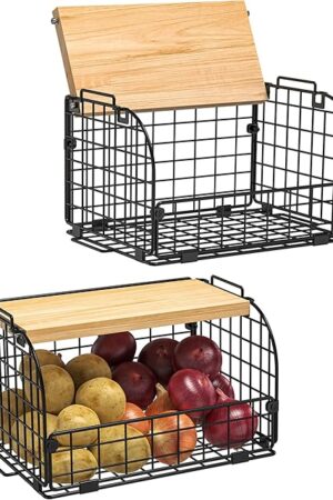 2 Set Stackable Wire Basket with Openable Top, Kitchen Counter, Pantry Organizer and Storage Produce Onion Potato Fruits Vegs Bread Food Snack Spice Organizing Bin for Cabinet Shelf Countertop Floor