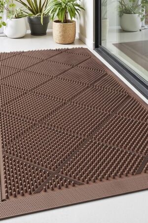 DEXI Front Door Mats Outside Entrance, 17x36 Rubber Waterproof Dirt Trapping Entry Mat for Entryway, Heavy Duty Non-Slip Low-Profile Welcome Doormat All Weather for Patio, Brown