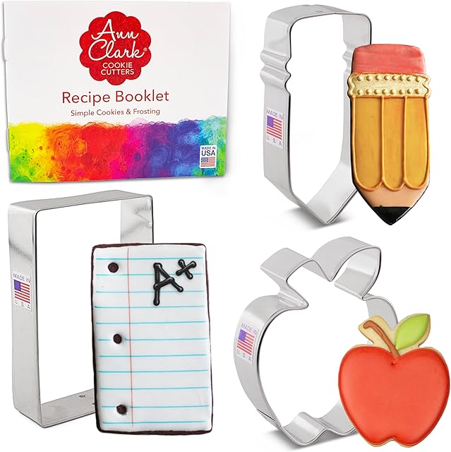 Ann Clark Cookie Cutters Back to School & Teacher Appreciation Cookie Cutters 3-Pc. Set Made in the USA, Apple, Pencil, Notebook