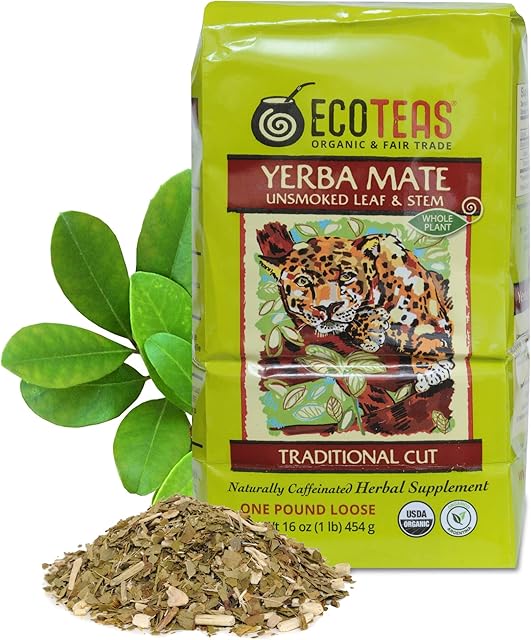 ECOTEAS Organic Yerba Mate Loose Leaf Tea, Unsmoked, 1 lb | Natural Energy | Coffee Alternative | Detox Herbal Tea | Kosher | Non-GMO | Gluten-Free | Traditional Cut