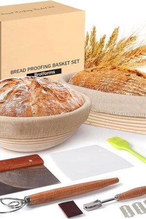 Banneton Bread Proofing Basket Set, 11 Inch Sourdough Proofing Basket and Bread Baking Supplies-Bread Lame, Danish Whisk, Bowl & Dough Scraper, Brush, (Rattan, 10in Round +10in Oval)