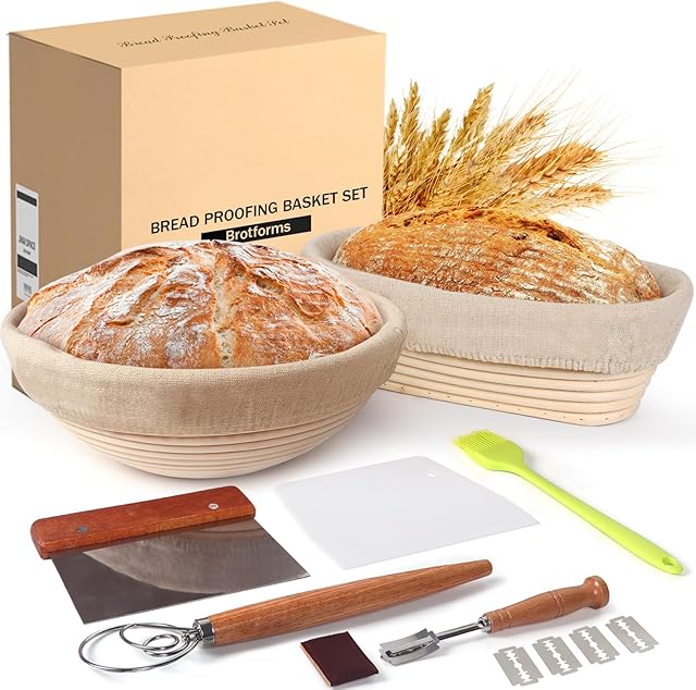 Banneton Bread Proofing Basket Set, 11 Inch Sourdough Proofing Basket and Bread Baking Supplies-Bread Lame, Danish Whisk, Bowl & Dough Scraper, Brush, (Rattan, 10in Round +10in Oval)