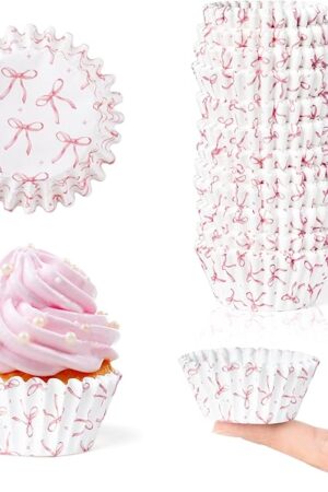 COcnny Bow Mini Cupcake Liners - 300pcs Pink Bowknot Baking Cups Muffin Paper Cupcakes Wrappers for Birthday, Candy Cake Chocolate Wrap Making Supplies for Baby Shower Wedding Bachelorette Party