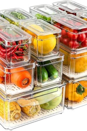 14 Pack Fridge Organizers and Storage - Refrigerator Organizer Bins with Lids, BPA-Free Fridge Organization, Fruit Storage Containers for Fridge, Vegetable, Food, Drinks, Cereals, Clear