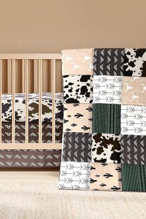 3 Piece Western Crib Bedding Set Neutral Cow Cactus Print Standard Size Quilt Fitted Crib Sheet Bed Skirt