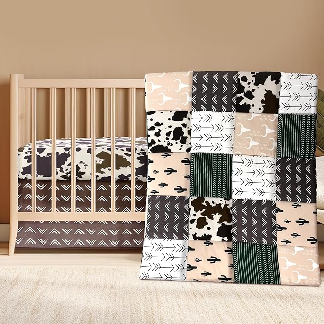 3 Piece Western Crib Bedding Set Neutral Cow Cactus Print Standard Size Quilt Fitted Crib Sheet Bed Skirt