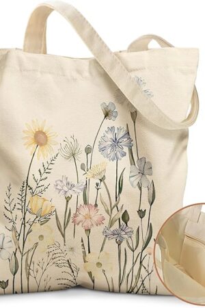 Aesthetic Tote Bag for Girls - with Magnetic Buckle and Zipper Inner Pocket for Women Lady Canvas Cotton Tote Bag